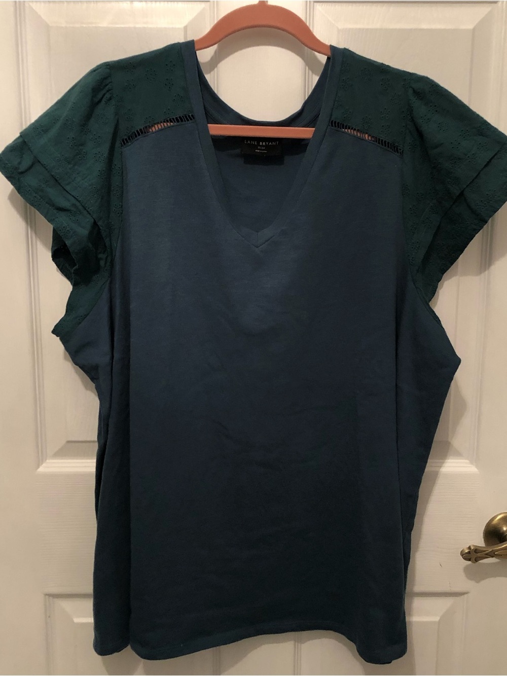 Lane Bryant tee shirt eyelet angel sleeves short ladder trim dark green V neck